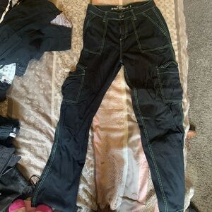 Black Cargo Pants with Green Stitching